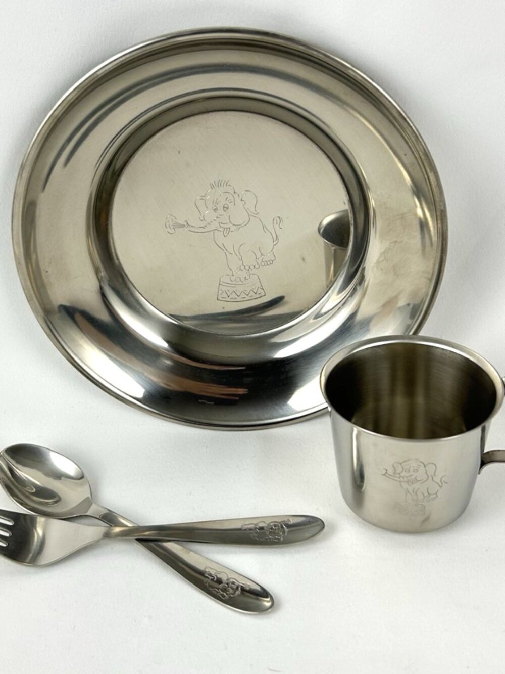 Vintage Dansk Stainless Steel Circus Elephant Kids Dining Set Plate Cup Cutlery